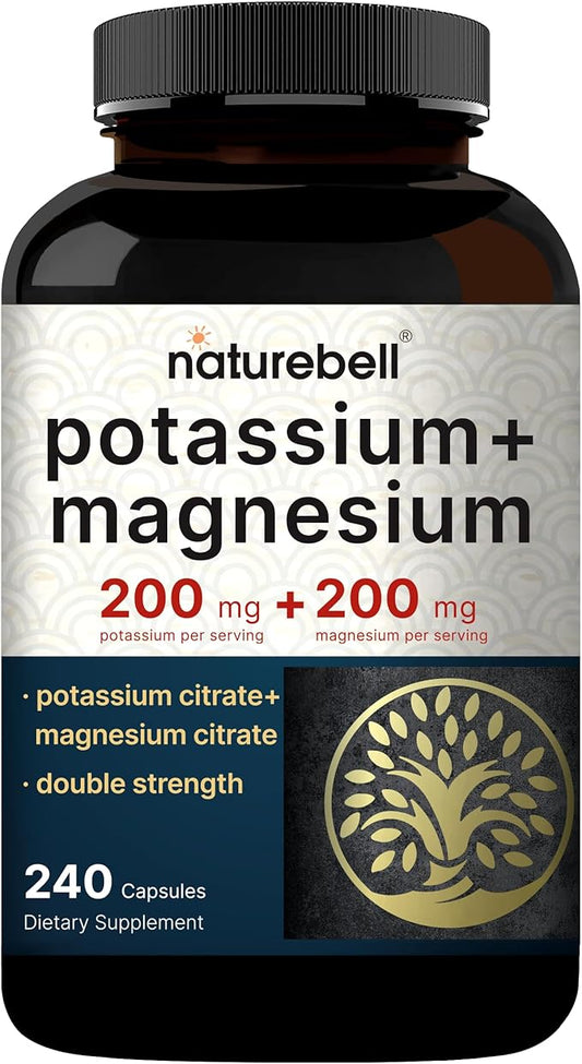 Potassium Magnesium Supplement – Potassium 200 mg + Magnesium 200 mg | 240 Capsules – Easily Absorbed Citrate Forms – Muscle, Bone, & Heart Health Support – Non-GMO