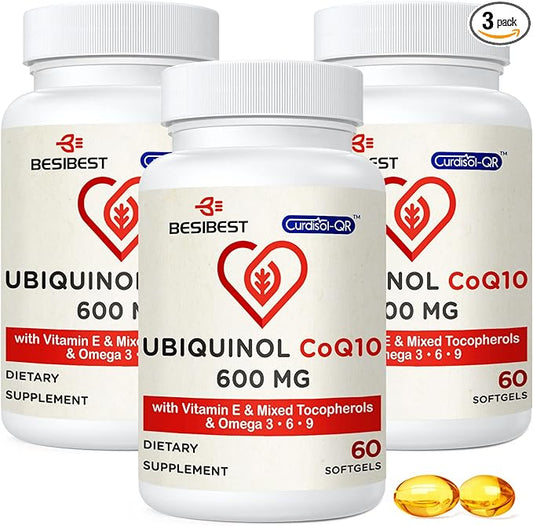 Ubiquinol CoQ10-600mg-Softgel, Active Coq10 Ubiquinol Supplement 3, 6, 6, 9, 9, High Absorption-Coenzyme-Q10, Powerful 180 Count