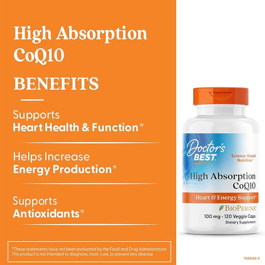 Doctor's Best High Absorption CoQ10 with Bioperine, Heart Health & Energy Production, Non-GMO, Gluten & Soy Free, Vegan, 100 Mg, 120 count