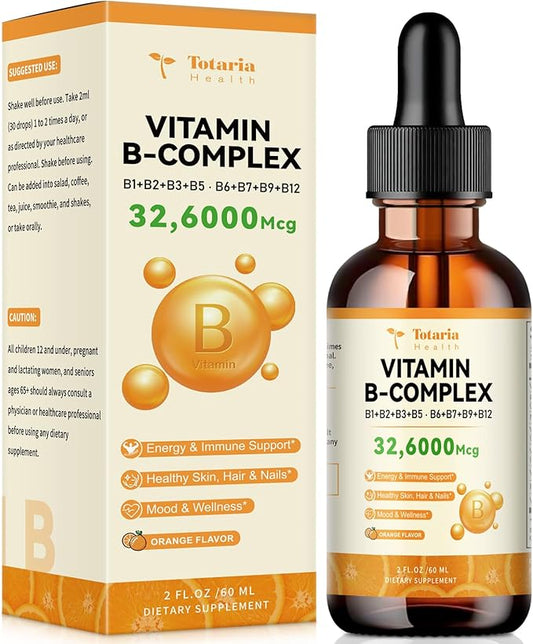 Totatria Vitamin B Complex Liquid Drops 32,6000mcg per B1, B2, B2, B3(Niacin), B3(Niacin), B5, B5, B6, B6, B7(Botin), B7(Botin), B9, B9, B12 B12 for 2 FL.OZ