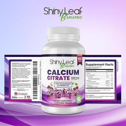 Shiny Leaf Bariatric Calcium Citrate 600mg - Supplement for Bariatric Surgery Patients, 2 x 60 Ct Chewable Calcium Tablets with Magnesium, Vitamin D3, Vegetarian - Cherry & Strawberry Flavors
