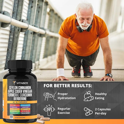 Ceylon Cinnamon Capsules 3000mg Turmeric 3000mg Apple Cider Vinegar 3000mg Ginseng 2000mg Aloe Vera 2000mg Berberine Supplement 1200mg + Banaba | Bitter Melon | Gymnema | Ginger Root - 60 Count