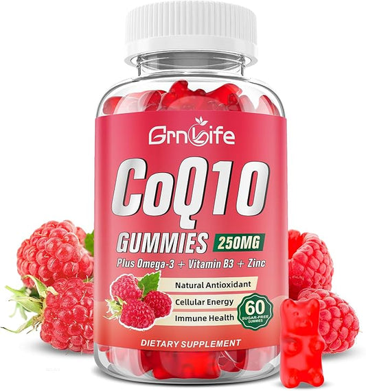 Sugar Free CoQ10 Gummies, CoQ10 250mg, Plus Omega-3, Vitamin B3 & Zinc, High Absorption Coenzyme Q10 Supplements for Cellular Energy, Antioxidant, Raspberry Flavor, 60 Count