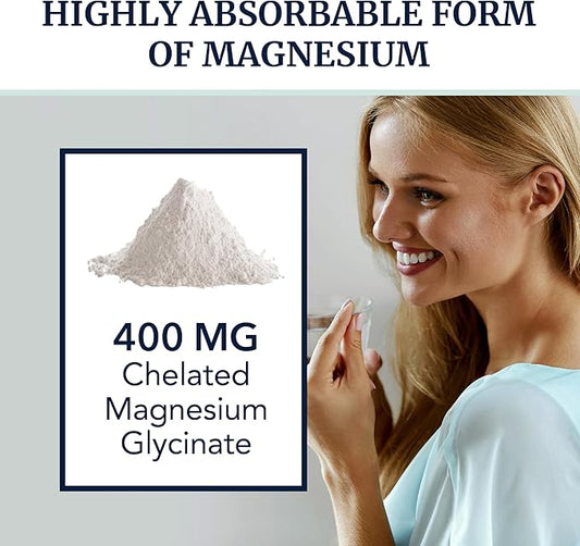 Magnesium Glycinate 400mg | High Absorption Formula for Sleep, Calm, Muscle Relaxation, Heart, Bone & Nerve Support for Women & Men | Chelated Magnesium Glycinate Supplement | 120 Ct (2 Month Supply)
