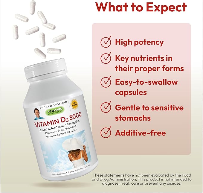 Andrew Lessman Vitamin D3 3000 IU 180 Capsules – High Potency, Essential for Calcium Absorption, Supports Bone Health, Healthy Muscle Function, Immune System and More. Small Easy to Swallow Capsules