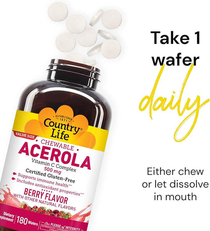 Country Life Acerola Vitamin C Complex, 500mg, Chewable 180 Wafers,