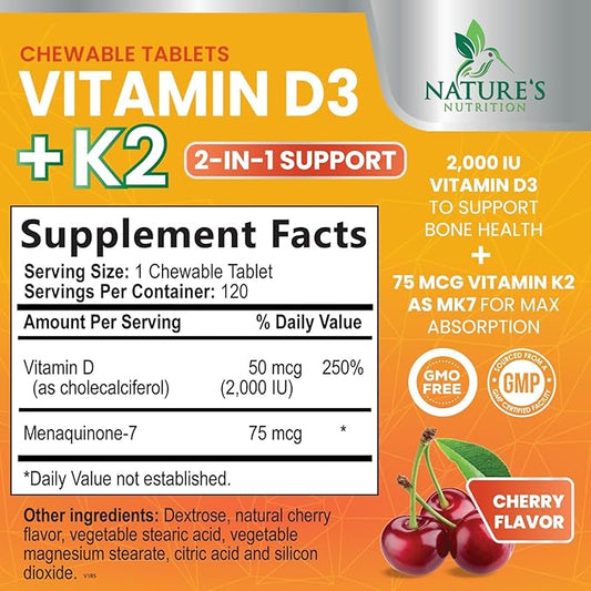 Vitamin D3 K2 as MK-7 2000iu of D3 & 75mcg K2, K2, Vitamin K2 D3 D3 Bone 120 Chewable
