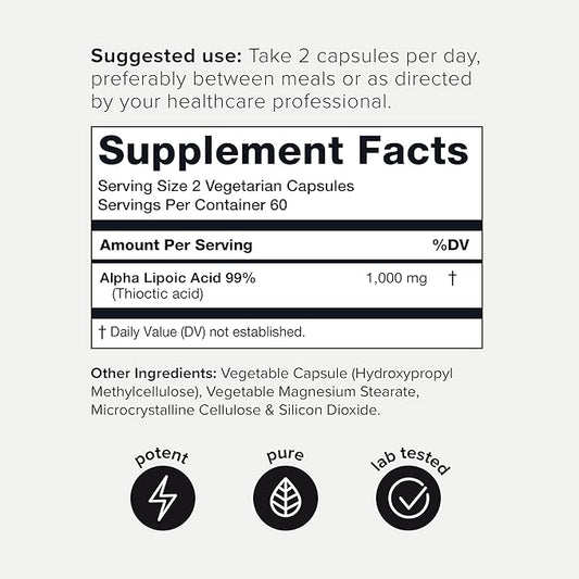Toniiq 1000mg Ultra High Strength Alpha Lipoic Acid Capsules - Highly Purified 99%+ USP Standard - 120 Capsules ALA Supplement