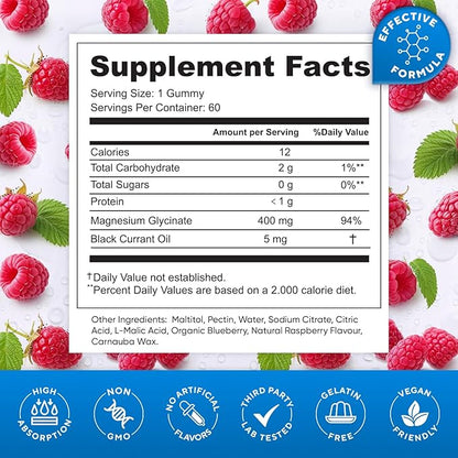 Magnesium Glycinate Gummies 400mg, High Absorption Magnesium Supplement for Adults and Kids, Sugar Free, Gelatin Free, Vegan Friendly, 60 Day Supply