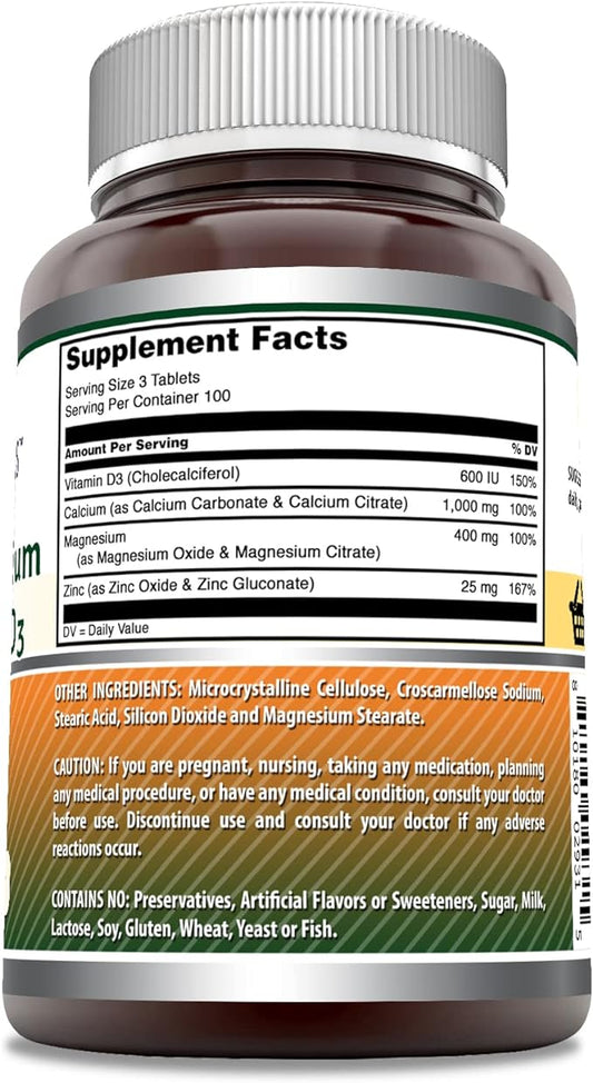 Amazing Formulas Calcium Magnesium Zinc D3 300 Tablets 1000mg - 400mg - 25mg Plus D3 600 600 IU 3 Tablets)