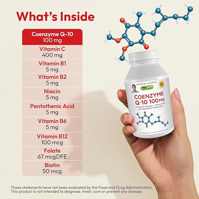 ANDREW LESSMAN Coenzyme Q-10 100 mg 30 Capsules – Essential for Energy Production and Optimum Key Organ Function, Anti-Oxidant Support, Depleted by Aging, Plus B-Complex. Easy to Swallow Capsules