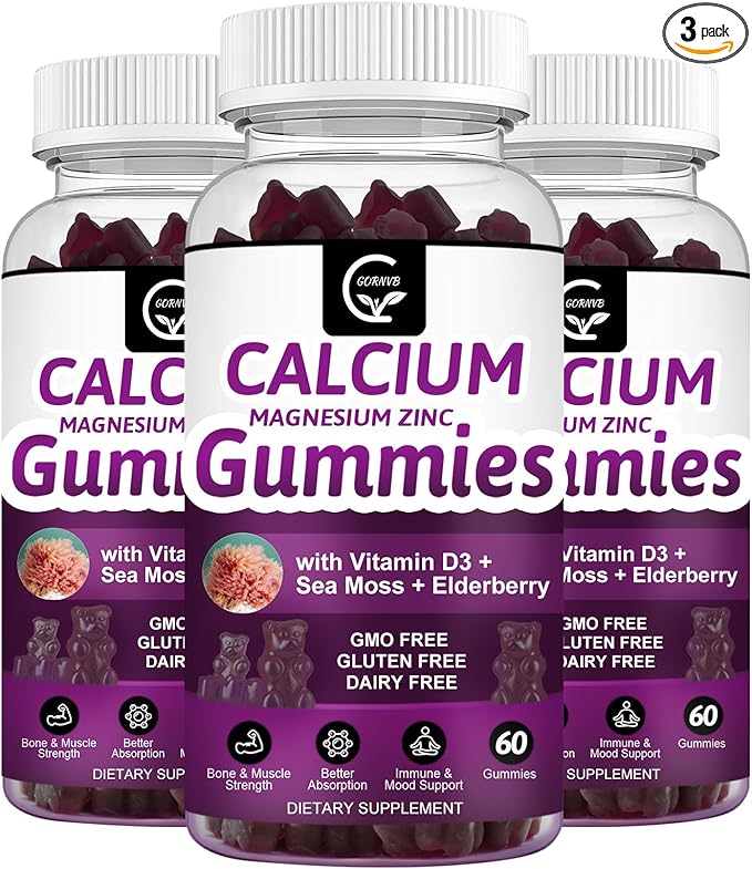 Calcium Magnesium Zinc Gummies with High 2:1 Ratio, D3 Sea Vegan-3 Pack