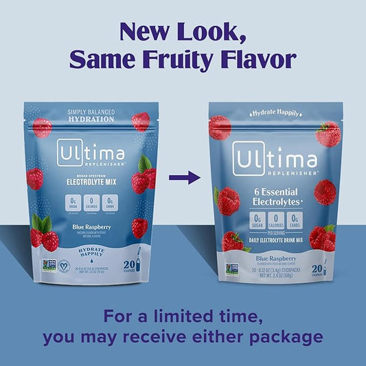 Ultima Replenisher Daily Electrolyte Powder Drink Mix – Blue Raspberry, 20 Stickpacks – Hydration Packets with 6 Electrolytes and Trace Minerals – Keto Friendly, Vegan, Non-GMO and Sugar-Free
