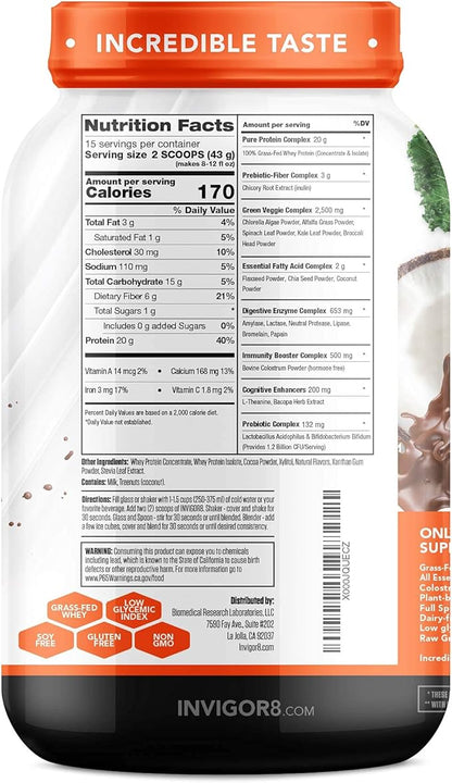 INVIGOR8 Superfood Grass Fed Whey Protein Isolate Shake Chocolate Brownie Gluten-Free and Non GMO Meal Replacement with Probiotics and Omega 3 (645g)