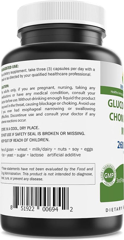 Brieofood Triple Strength Glucosamine Chondroitin MSM 2600mg/Serving Capsules, 180 Count