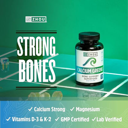 Zhou Nutrition Calcium Greens, Bone Support D3 K2, K2, 1300mg 1300mg of 120 Tablets