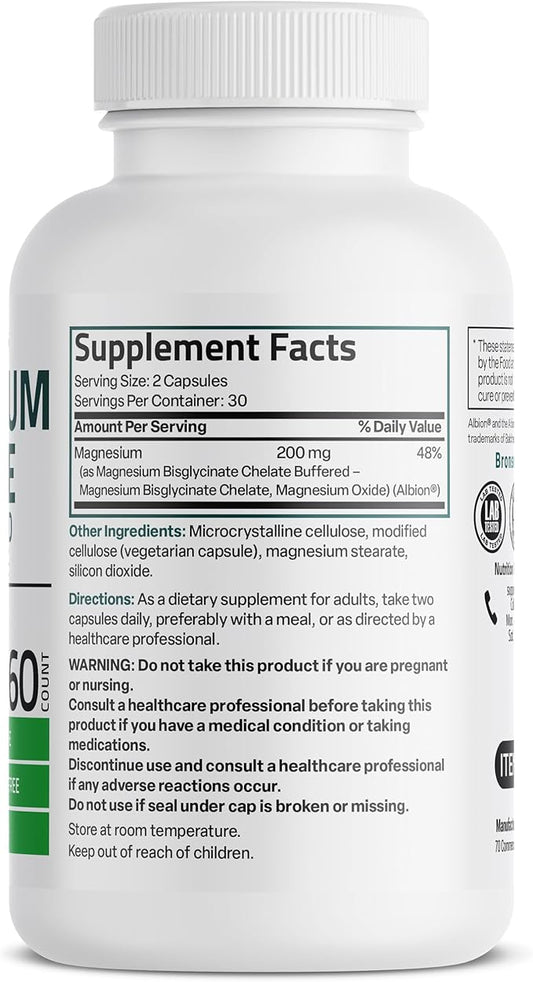 Bronson Magnesium Glycinate 200 MG per Serving Chelated for High Absorption, Gentle On Stomach, Non-GMO, 60 Vegetarian Capsules