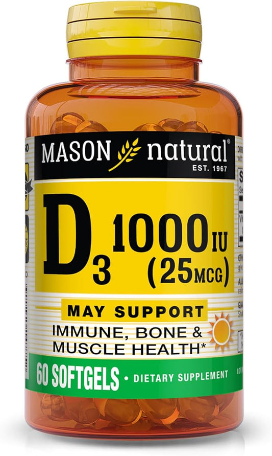 MASON NATURAL Vitamin D3 1000 IU (25 mcg), Immune, Bone & Muscle Health Support, from Fish Liver Oil, 60 Softgels
