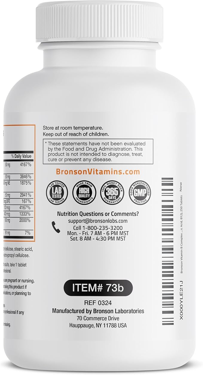 Bronson Super B Vitamin B Complex B1, B2, B2, B3, B3, B6, B6, B9 B9 - B12) Contains 250 Tablets