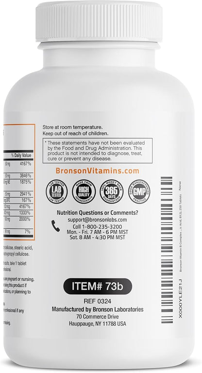 Bronson Super B Vitamin B Complex B1, B2, B2, B3, B3, B6, B6, B9 B9 - B12) Contains 250 Tablets