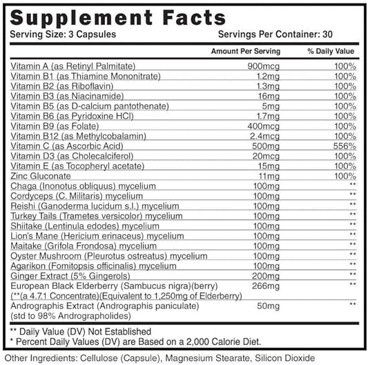 Steel Supplements Immune-AF | Mushroom and Essential Vitamin Blend w/Chaga, Cordyceps, Reishi, Zinc, Ginger, Black Elderberry | Immunity Support, Nootropic, Multivitamin