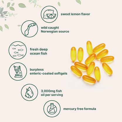 Omega 3 Fish Oil Supplements 3,000mg Per Serving, 240 Softgels | Lemon Flavored – Burpless | EPA 540mg + DHA 360mg | Heart & Brain Support | Deep Sea Fish