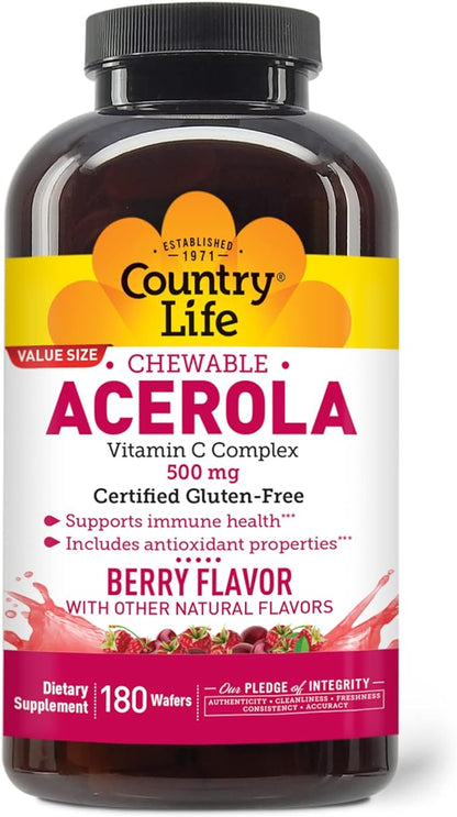 Country Life Acerola Vitamin C Complex, 500mg, Chewable 180 Wafers,