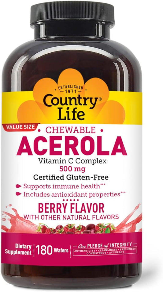 Country Life Acerola Vitamin C Complex, 500mg, Chewable 180 Wafers,
