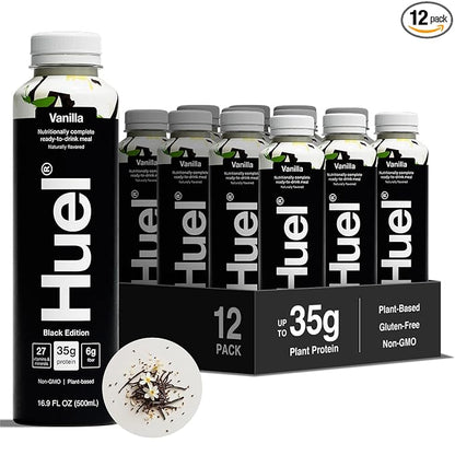 Huel Black Edition Ready-to-Drink, Vanilla Meal Replacement Drink, 35g High Protein, 27 Vitamins and Minerals, Vegan, Gluten Free, Plant Based, High Fiber, Low Sugar, 16.9 Fl Oz (12 Pack)