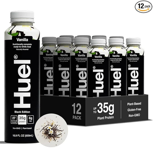Huel Black Edition Ready-to-Drink, Vanilla Meal Replacement Drink, 35g High Protein, 27 Vitamins and Minerals, Vegan, Gluten Free, Plant Based, High Fiber, Low Sugar, 16.9 Fl Oz (12 Pack)