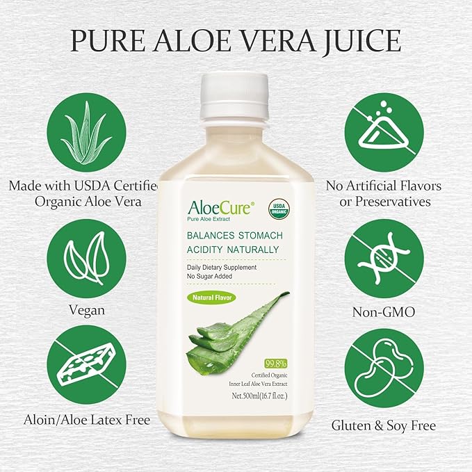 AloeCure USDA Organic Aloe Vera Juice Made Within 12 Hrs of Harvest - Pure Aloe Juice Natural Digestive Supplement to Support Digestion, Immune System and Balanced Stomach Acidity, 6 x 500ml Bottles