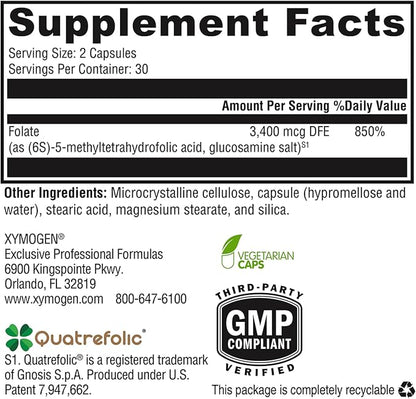 XYMOGEN 5 MTHF - 3,400 mcg DFE Bioactive Folate Supplement as Quatrefolic - Cardiovascular, Mood + Methylation Support - Vitamin B Methyl Folate as L Methylfolate (60 Capsules)