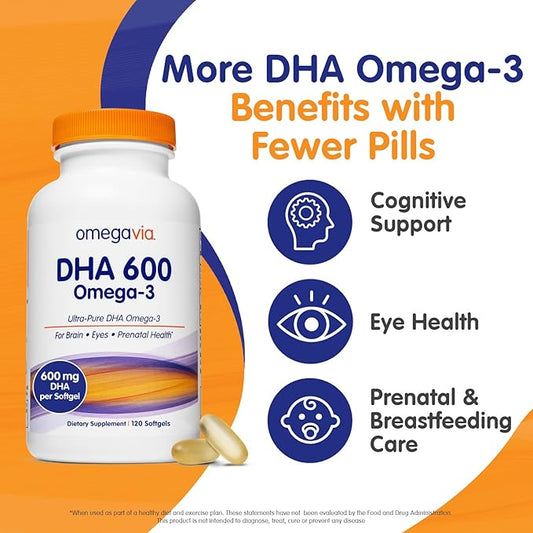 OmegaVia DHA 600 mg Omega-3 DHA 3 Supplement, 5-Star Certified 120 Softgels
