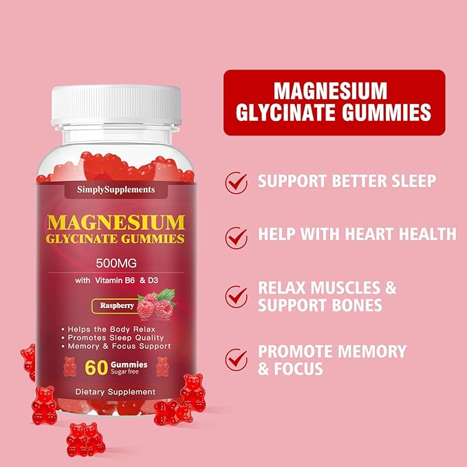 Magnesium Glycinate Gummies 500mg, Chewable Magnesium D3, B6, B6, CoQ10 CoQ10 for 60 Raspberry Gummies（2 Pack)