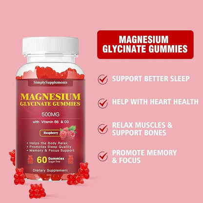 Magnesium Glycinate Gummies 500mg, Chewable Magnesium D3, B6, B6, CoQ10 CoQ10 for 60 Raspberry Gummies（2 Pack)
