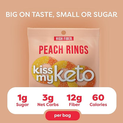 Kiss My Keto Gummy Peach Rings Candy – 1g Sugar, Low Carb, High Fiber, non-GMO Peach Ring Candy – Healthy Peach Gummy Rings, Bag of Peach Rings – Peach Rings Candy Bulk Peach Rings Bulk (32-Pack)