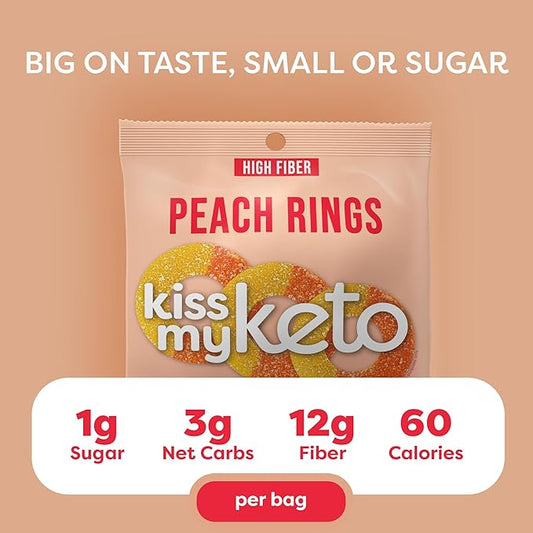 Kiss My Keto Gummy Peach Rings Candy – 1g Sugar, Low Carb, High Fiber, non-GMO Peach Ring Candy – Healthy Peach Gummy Rings, Bag of Peach Rings – Peach Rings Candy Bulk Peach Rings Bulk (32-Pack)