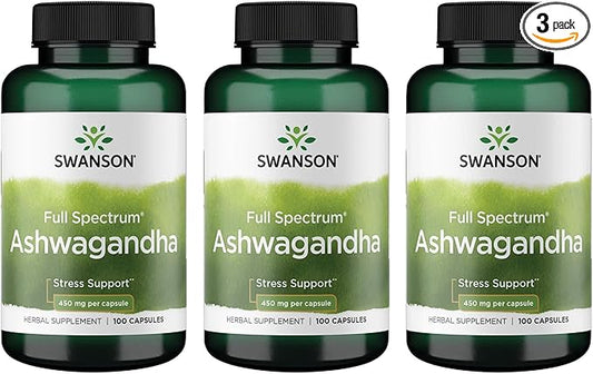 Swanson Ashwagandha Powder Supplement-Ashwagandha Root Supplement (100 Capsules, 450mg Each) 3 Pack