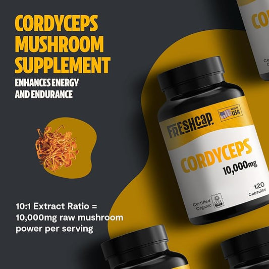 FreshCap Cordyceps Mushroom Capsules 10,000mg - Cordyceps Extract Mushroom Supplement Capsules, Mushroom Extract, Energy Supplements, Ayurveda Nootropic Mushroom Supplements (120 Capsules)