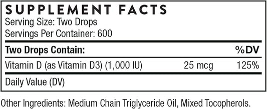 THORNE - Vitamin D Liquid - Vitamin D Supplement - Supports Healthy Bones and Muscles, Cardiovascular Health, and Immune Function* - 1 Fl Oz (30 ml)- 600 Servings