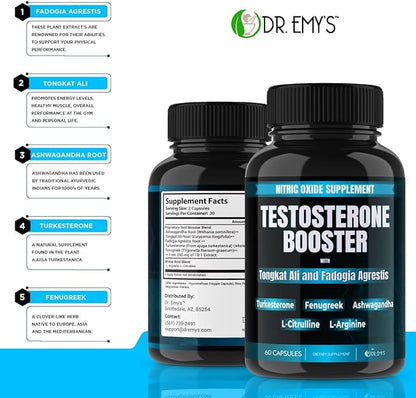 Dr. Emy's (2 Pack Testosterone Booster-Tongkat Ali Fadogia Agrestis Nitric Oxide Ashwagandha Supplement for Men with L Arginine Citrulline Fenugreek - Turkesterone Pre Workout Pump (120 Capsules)