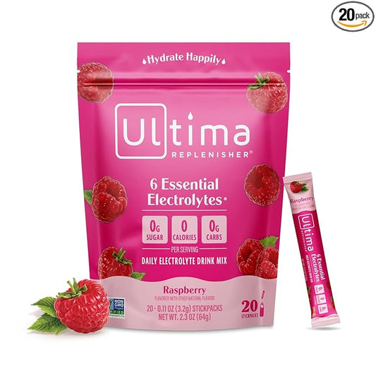 Ultima Replenisher Daily Electrolyte Powder Drink Mix – Raspberry, 20 Stickpacks – Hydration Packets with 6 Key Electrolytes and Trace Minerals – Keto Friendly, Vegan, Non-GMO and Sugar-Free