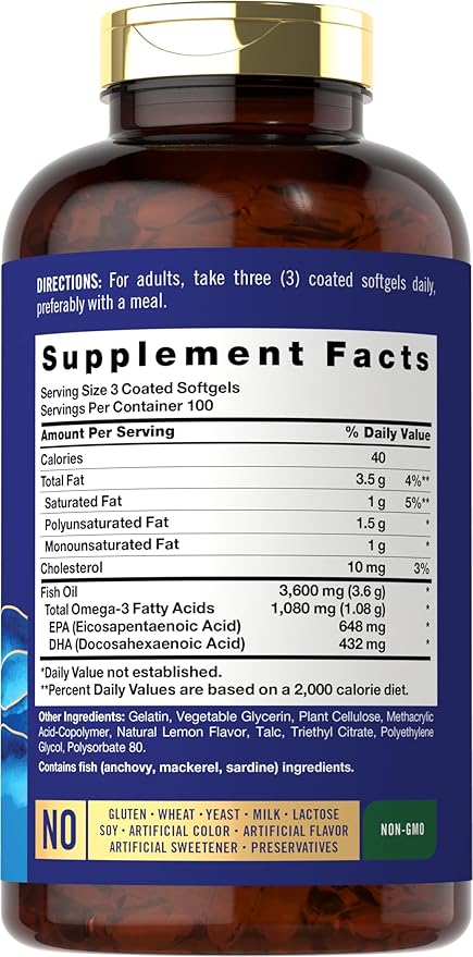 Carlyle Fish Oil Omega 3 Supplements 3600 mg 300 Softgels Omega-3 Fatty