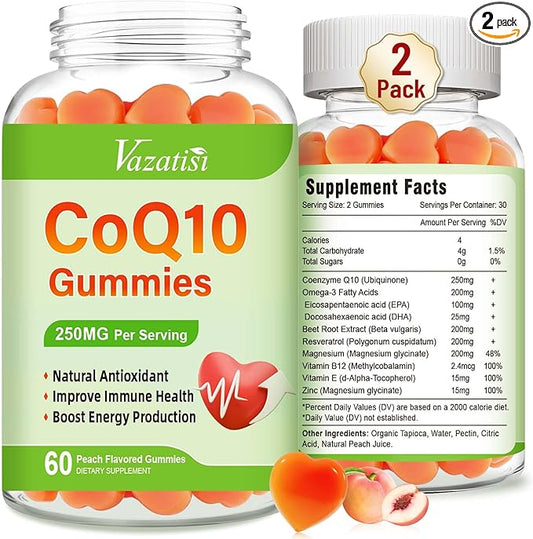 2 Pack CoQ10 Gummies 250mg, Plus Omega-3, Magnesium, B12 for 5X Better Q10 Supplement- 60Cts