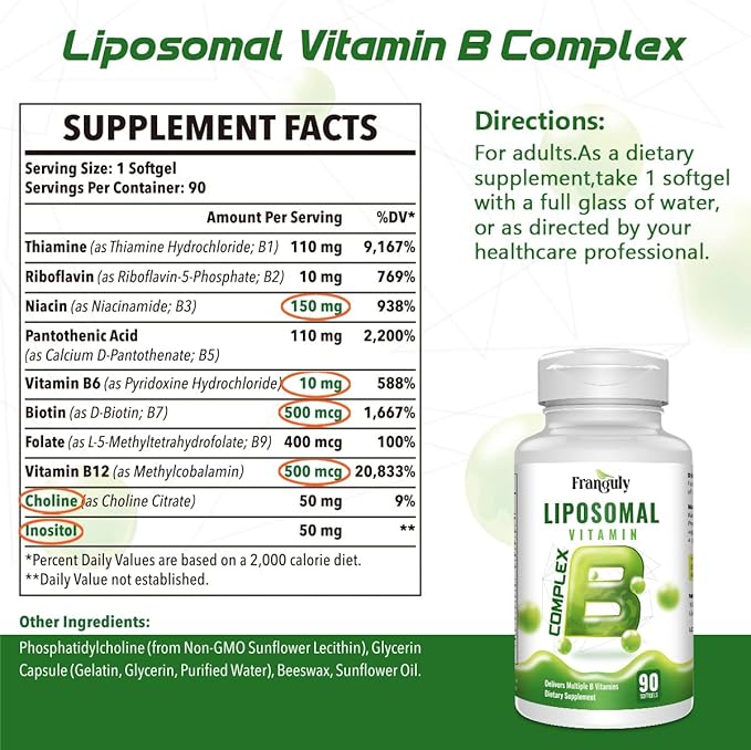 Active B Complex Liposomal B Vitamins with Choline Inositol, 90 Softgels B1, B2, B3, B5, B6, Biotin, Folate, B12 Methylcobalamin- Immune, Energy, Brain and Heart Support-2 Bottles