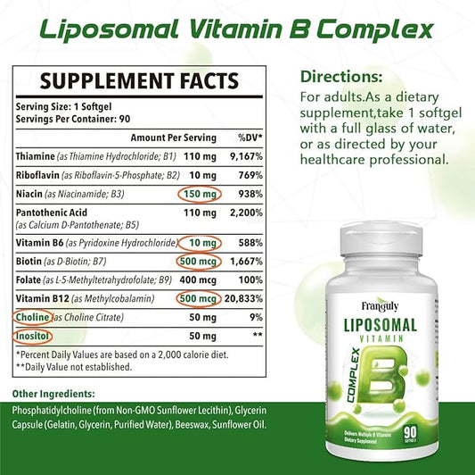 Active B Complex Liposomal B Vitamins with Choline Inositol, 90 Softgels B1, B2, B3, B5, B6, Biotin, Folate, B12 Methylcobalamin- Immune, Energy, Brain and Heart Support-2 Bottles