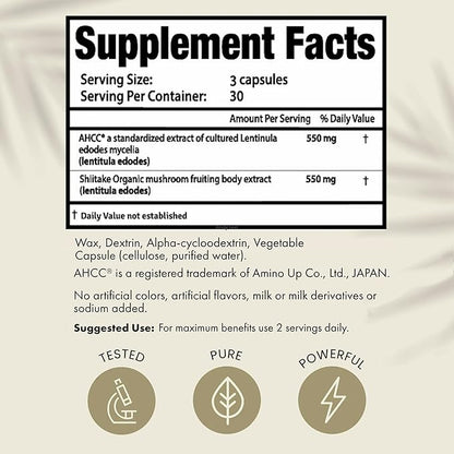 Premium AHCC & Shiitake Mushroom 1100 mg per Serving Supplement, Natural Immunity Booster, Maintains Natural Killer Cell Activity | AHCC is Proven in 30+ Studies | 60-Day Supply, 2-Pack
