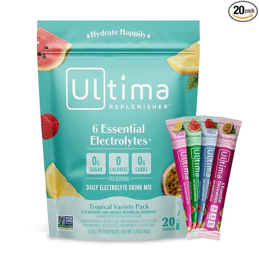 Ultima Replenisher Daily Electrolyte Powder Drink Mix – Tropical Variety, 20 Stickpacks – Hydration Packets with 6 Electrolytes and Minerals – Keto Friendly, Non-GMO and Sugar-Free