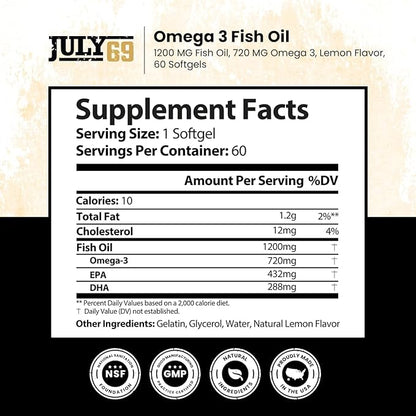 Omega 3 Fish Oil 1200 MG 720 MG 3, Lemon 60 Softgels,