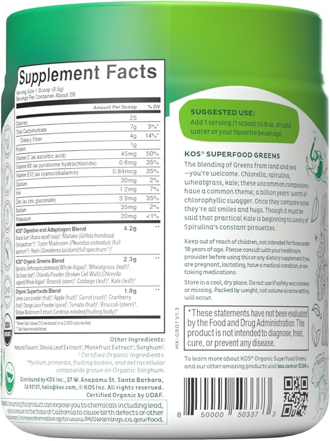 KOS Organic Super Greens Powder Erythritol Free - Plant Based Superfood Blend with Spirulina, Chlorella & Wheatgrass - USDA Certified Organic, Green Juice Smoothie - Apple Flavor - 28 Servings